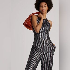 Anthropologie holiday disco EUC Striped sequin Jumpsuit 16W